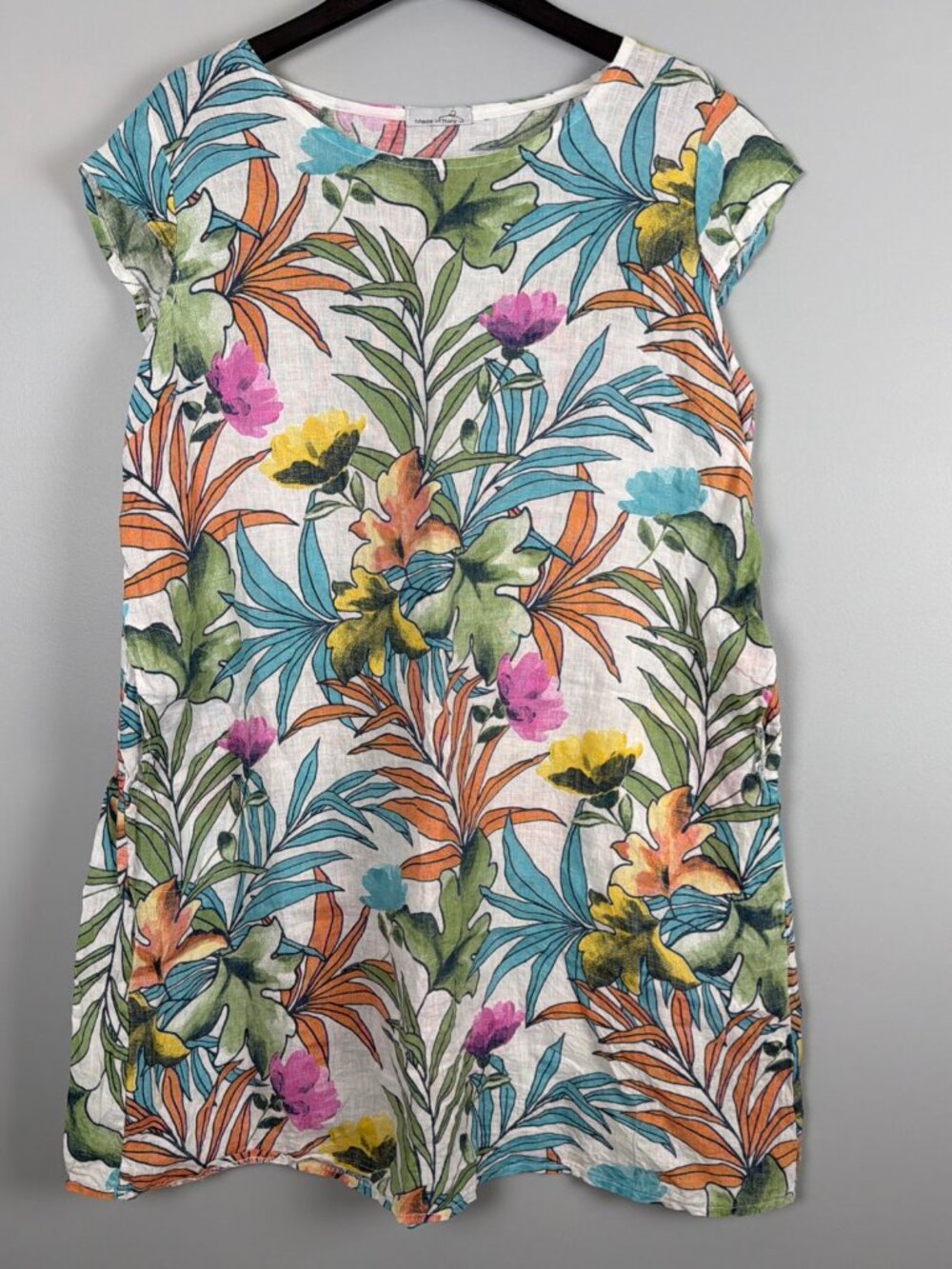 Linen Tropical Shift Dress Colorful Made in Italy Women XL Comfort Travel Beach